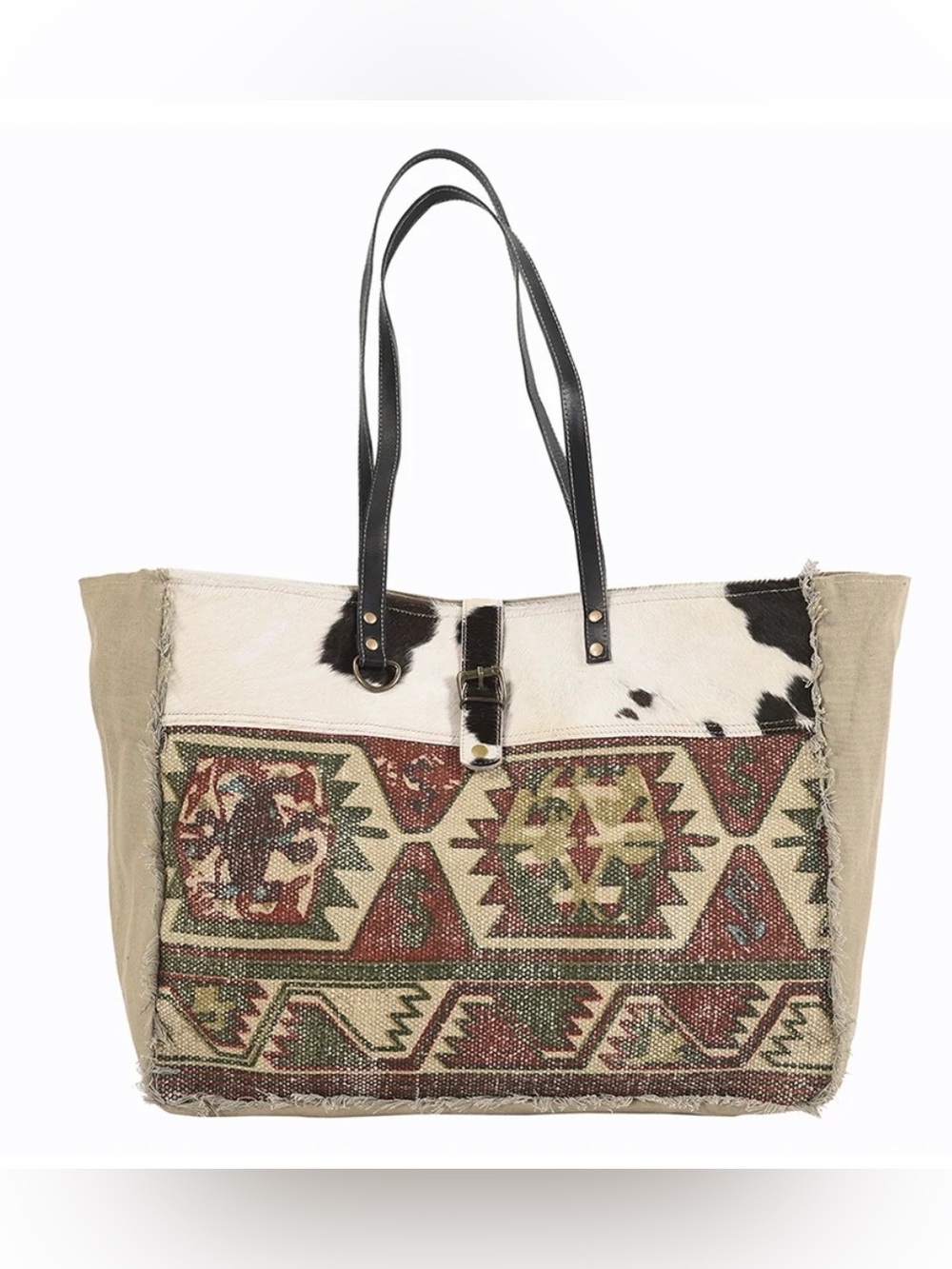 Western Weekender Bag Boho Cowhide Tote Bag in Black and Natural